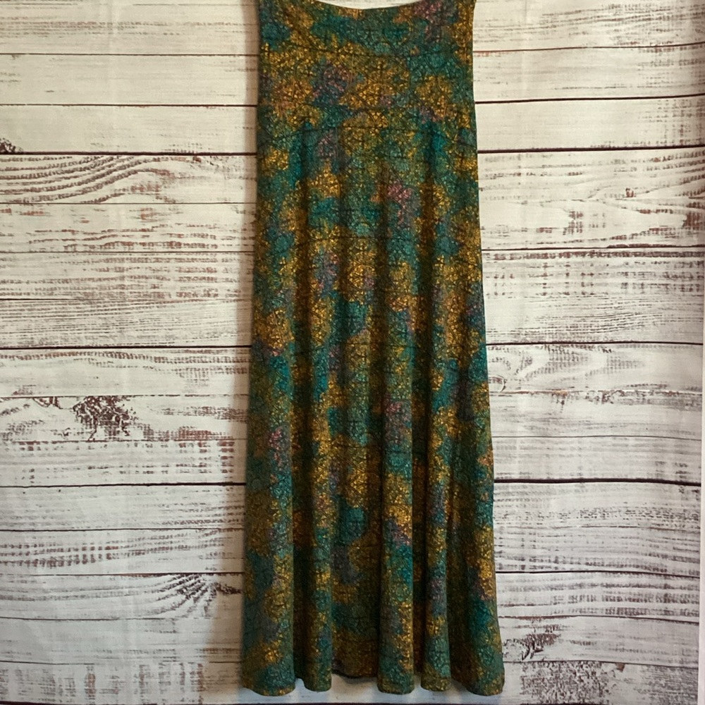 LuLaRoe Teal and Mustard Patterned Maxi Skirt